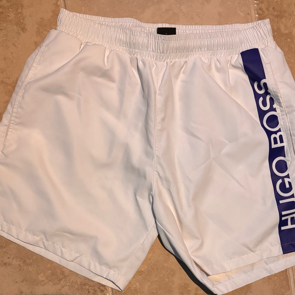 Hugo Boss White Shorts with Blue Side Logo